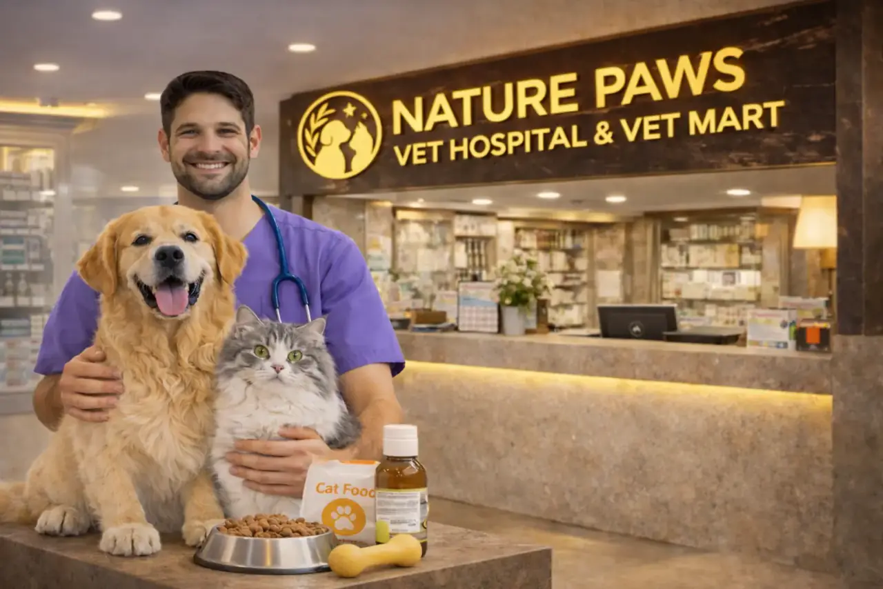 Nature Paws Veterinary Hospital with veterinarian holding dog and cat