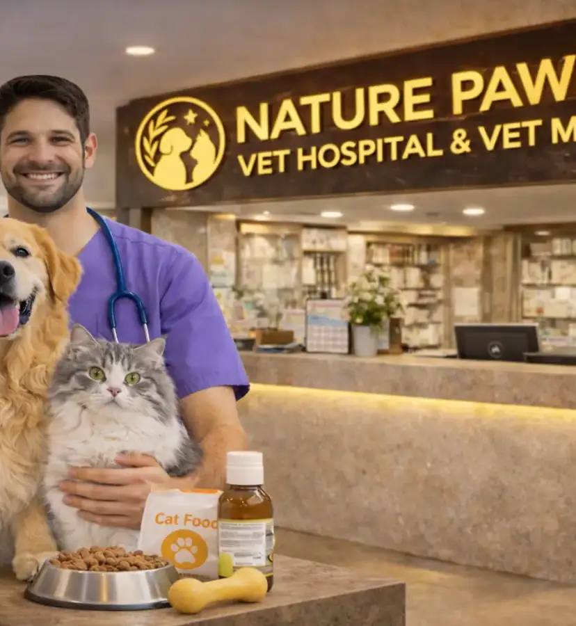 Nature Paws Veterinary Hospital with veterinarian holding dog and cat